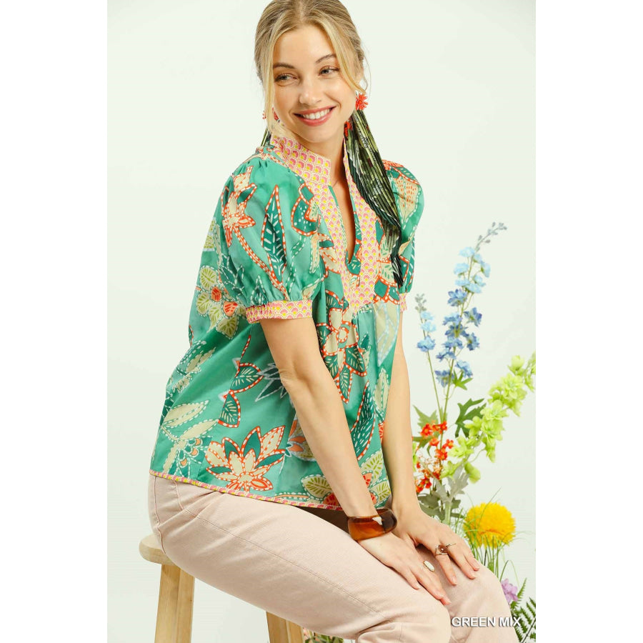 Umgee Mixed Abstract Print Puff Sleeve Blouse GREEN MIX / S Apparel and Accessories