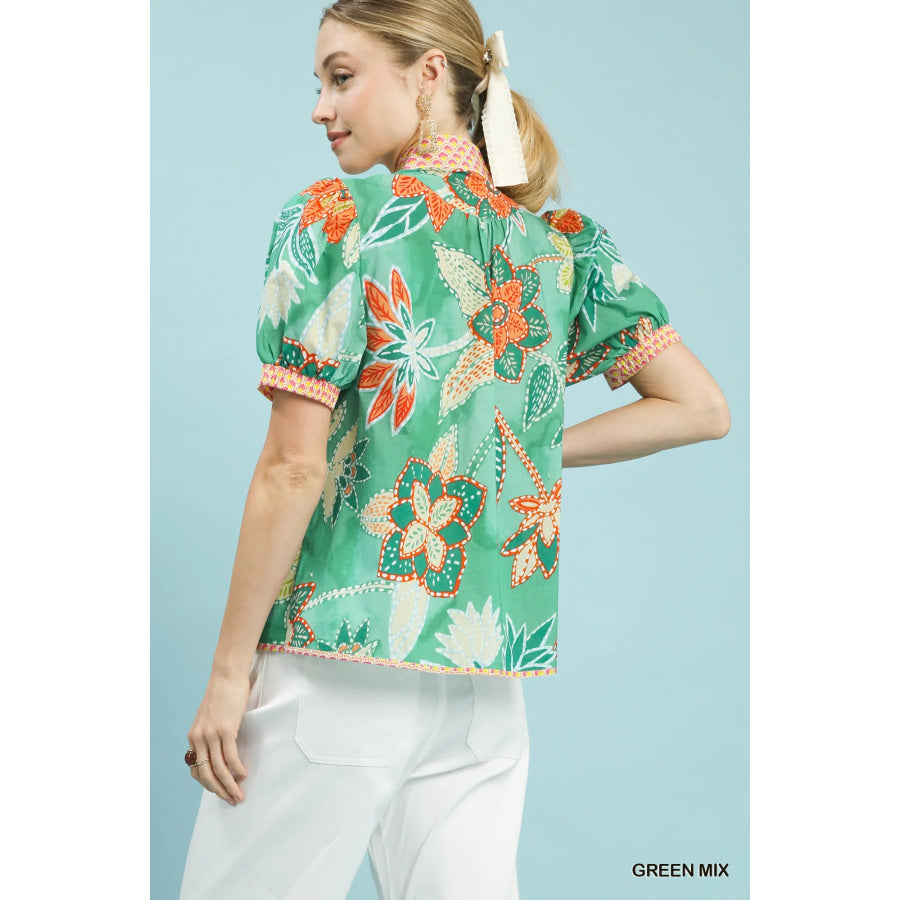 Umgee Mixed Abstract Print Puff Sleeve Blouse Apparel and Accessories