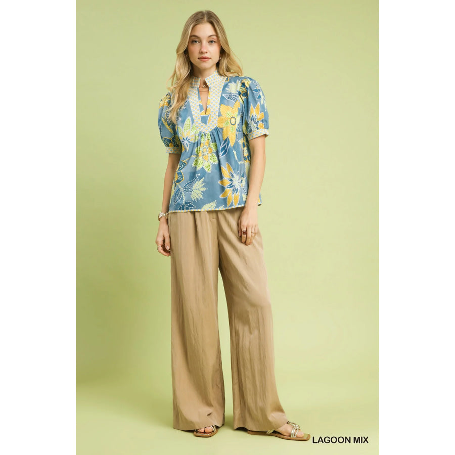 Umgee Mixed Abstract Print Puff Sleeve Blouse Apparel and Accessories