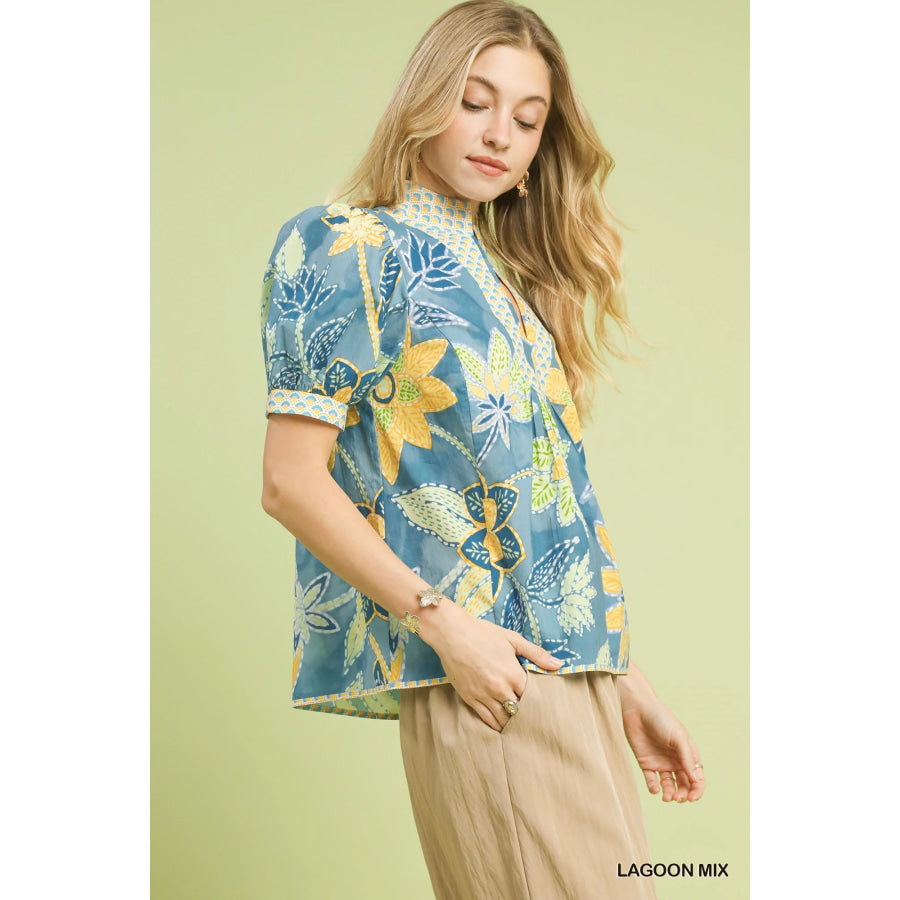 Umgee Mixed Abstract Print Puff Sleeve Blouse Apparel and Accessories