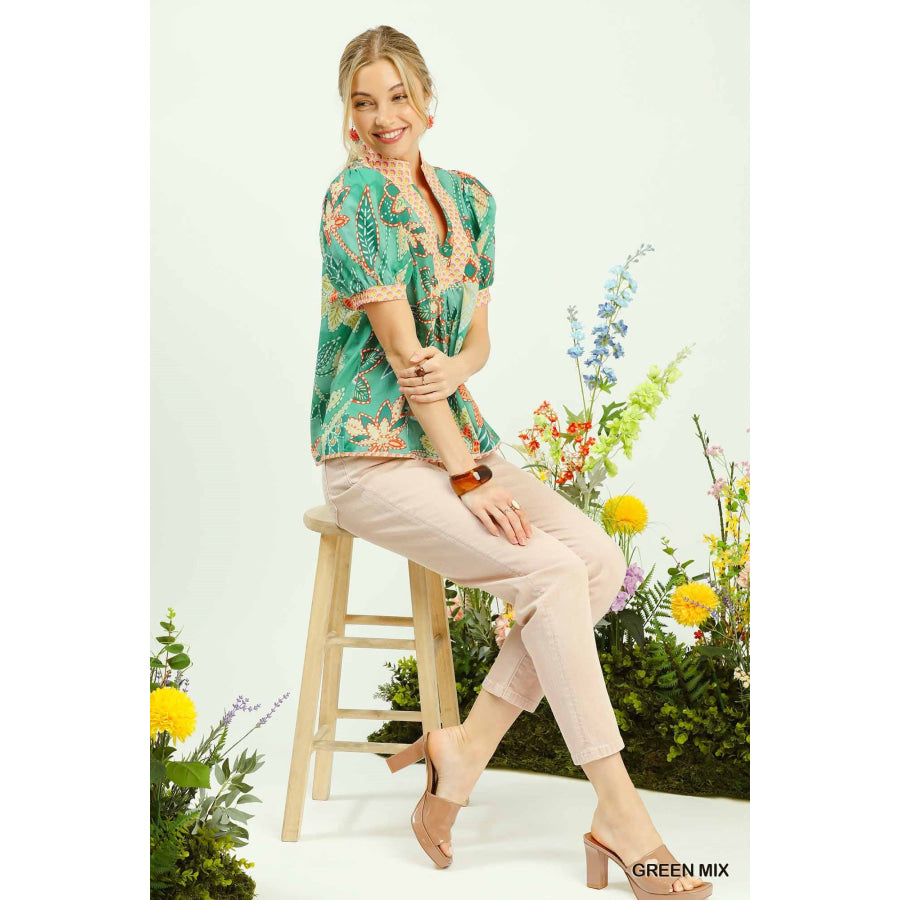 Umgee Mixed Abstract Print Puff Sleeve Blouse Apparel and Accessories