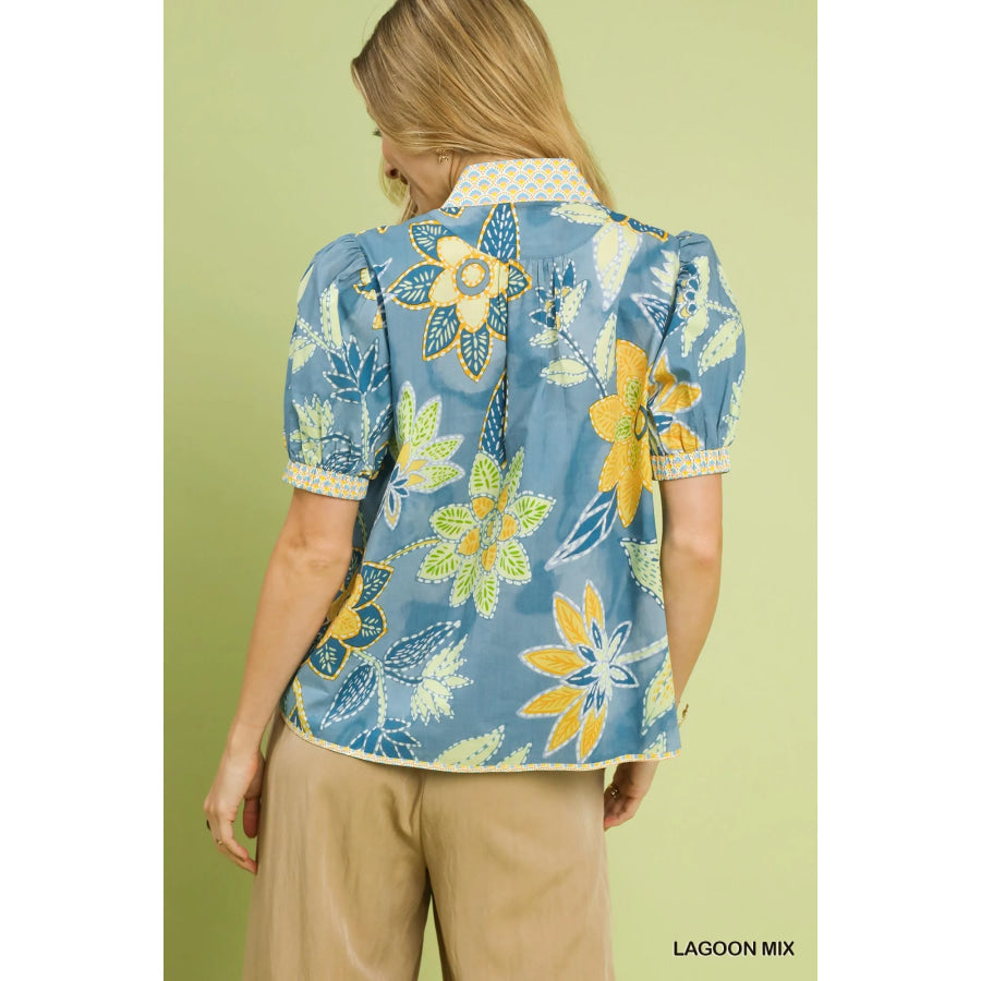 Umgee Mixed Abstract Print Puff Sleeve Blouse LAGOON MIX / S Apparel and Accessories
