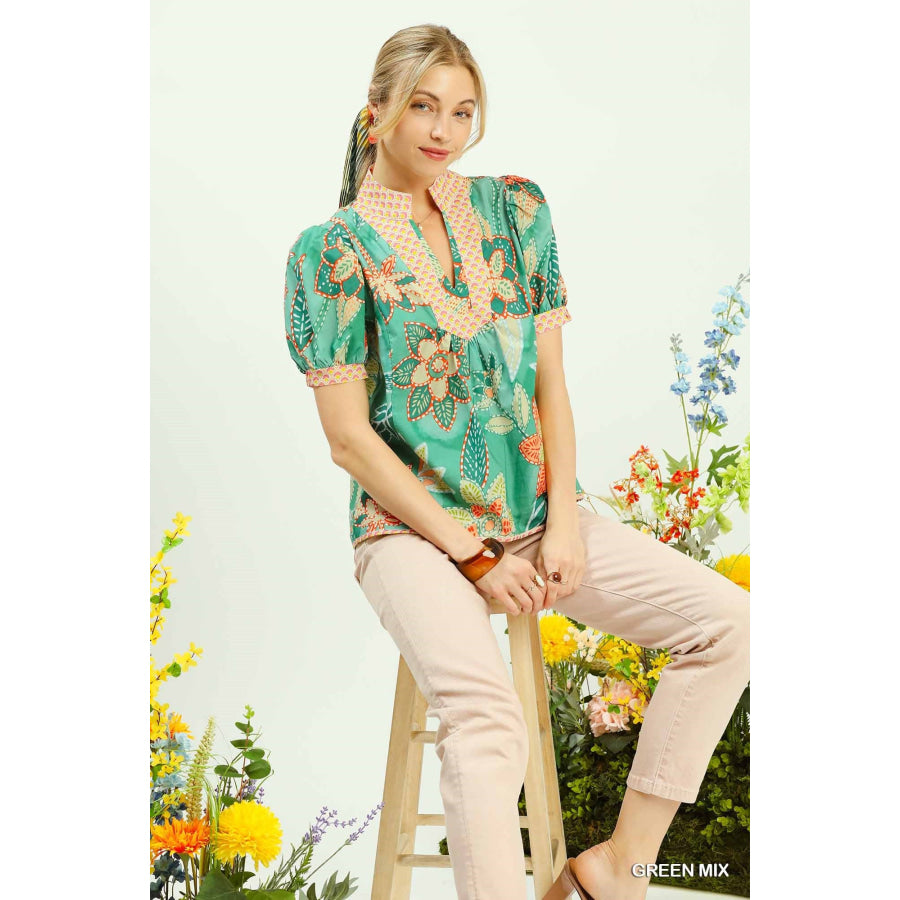 Umgee Mixed Abstract Print Puff Sleeve Blouse GREEN MIX / S Apparel and Accessories