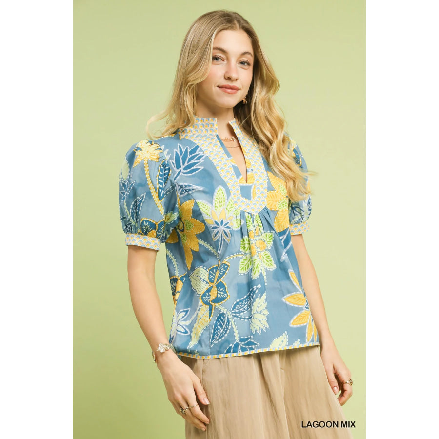 Umgee Mixed Abstract Print Puff Sleeve Blouse LAGOON MIX / S Apparel and Accessories