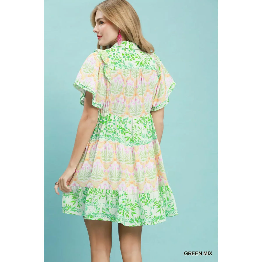 Umgee Mixed Floral Tiered Mini Dress with Flutter Sleeves Apparel and Accessories