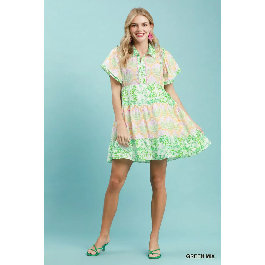 Umgee Mixed Floral Tiered Mini Dress with Flutter Sleeves Apparel and Accessories