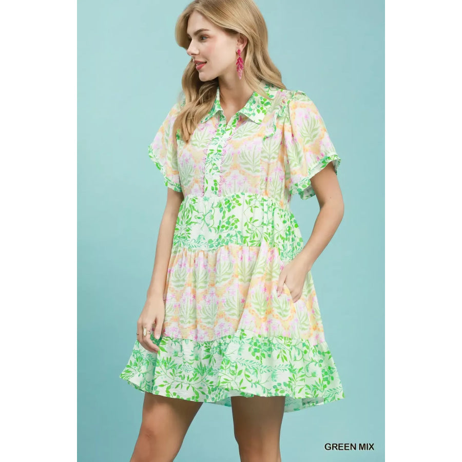 Umgee Mixed Floral Tiered Mini Dress with Flutter Sleeves GREEN MIX / S Apparel and Accessories