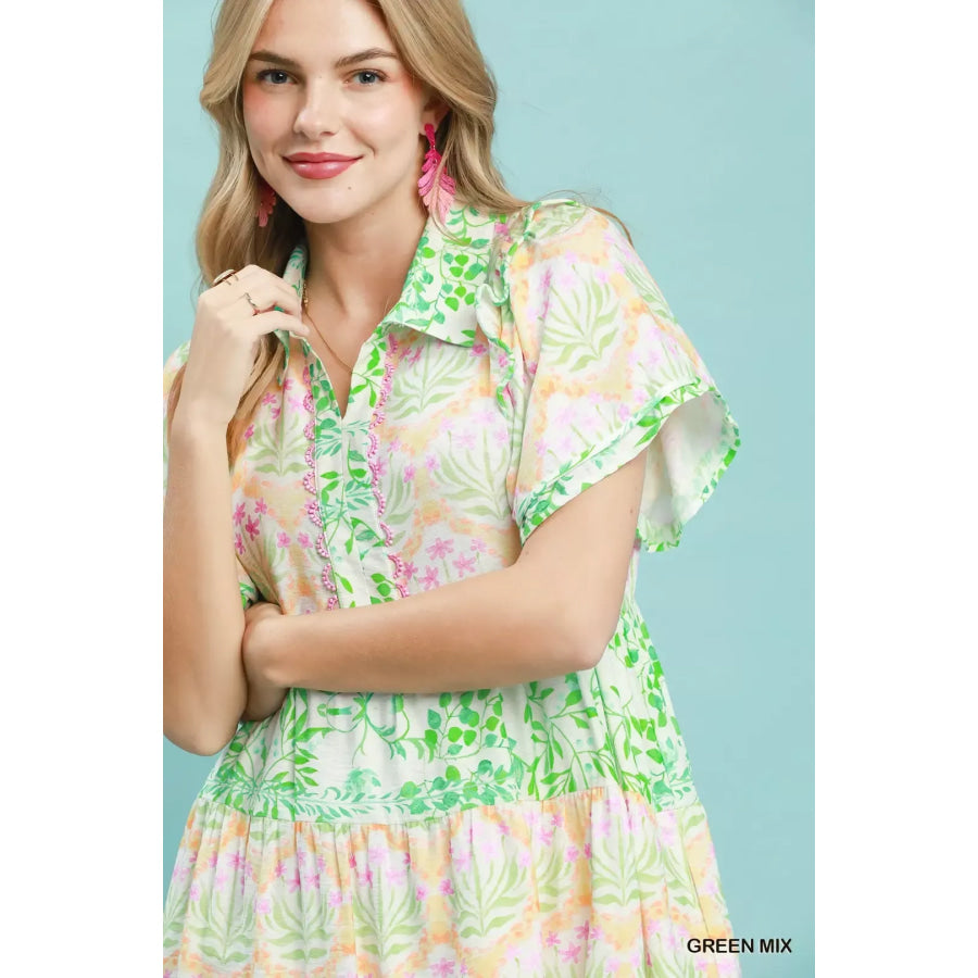 Umgee Mixed Floral Tiered Mini Dress with Flutter Sleeves Apparel and Accessories
