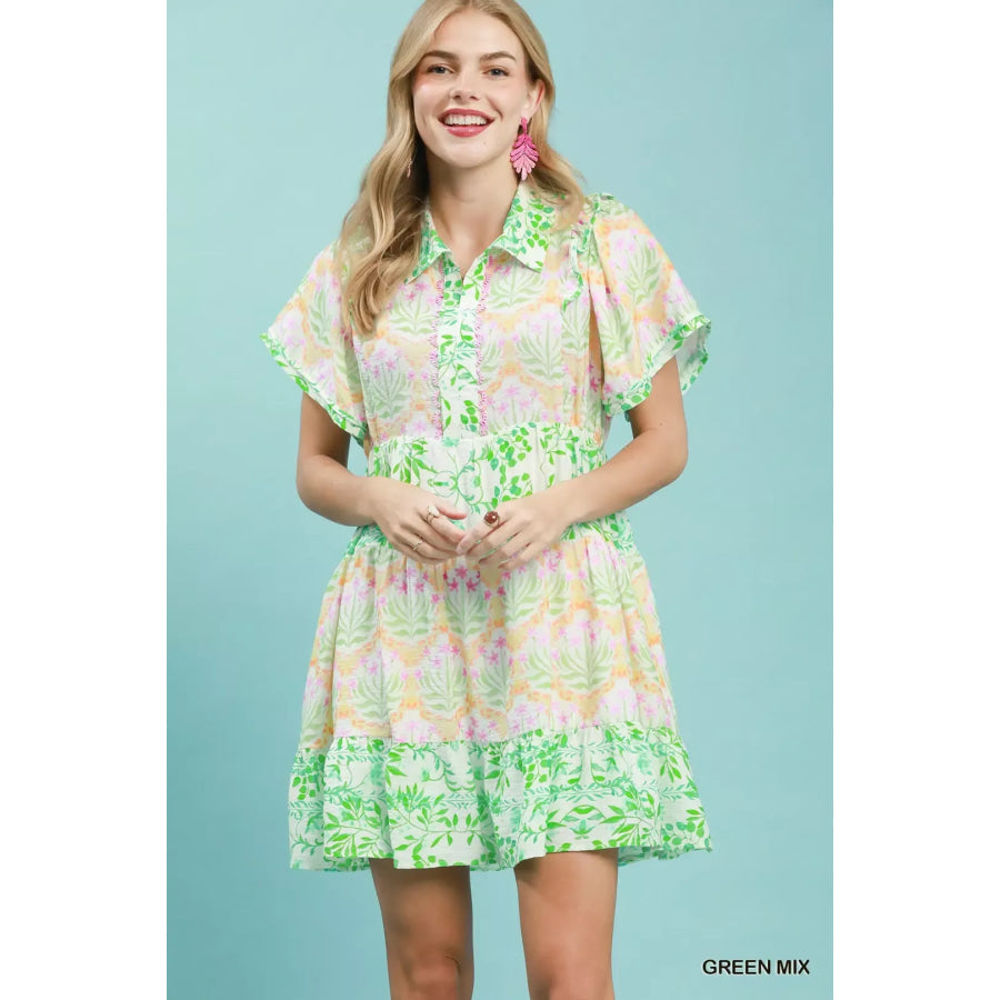 Umgee Mixed Floral Tiered Mini Dress with Flutter Sleeves GREEN MIX / S Apparel and Accessories