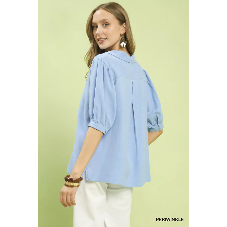 Umgee Mixed Media V-Neck Print Blouse Apparel and Accessories