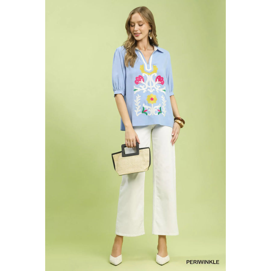 Umgee Mixed Media V-Neck Print Blouse Apparel and Accessories