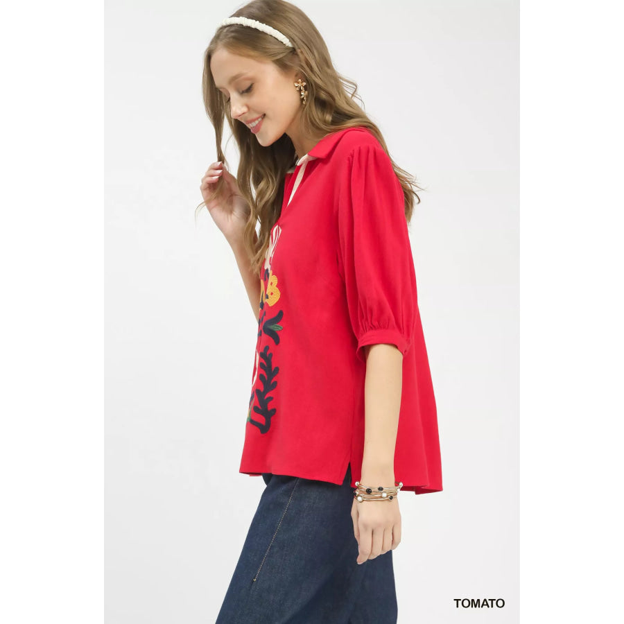 Umgee Mixed Media V-Neck Print Blouse TOMATO / S Apparel and Accessories