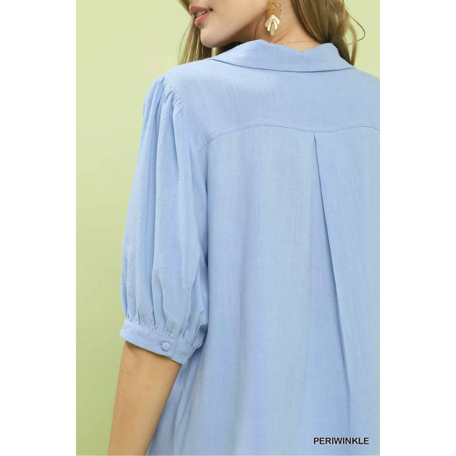 Umgee Mixed Media V-Neck Print Blouse Apparel and Accessories