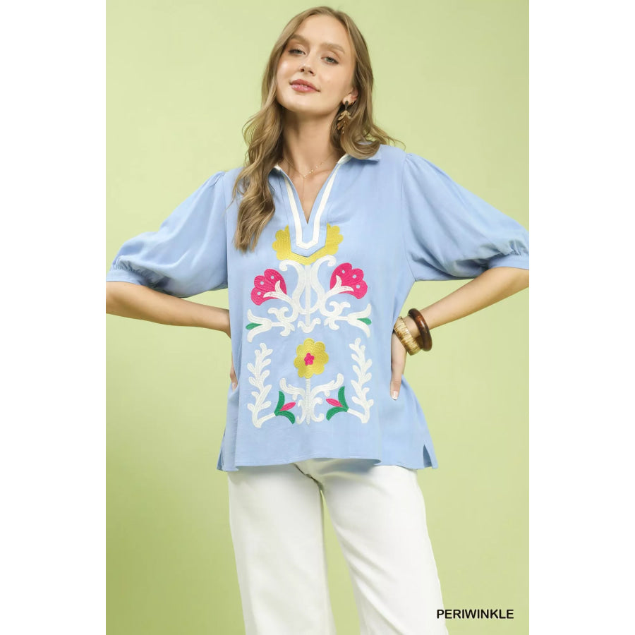 Umgee Mixed Media V-Neck Print Blouse PERIWINKLE / S Apparel and Accessories