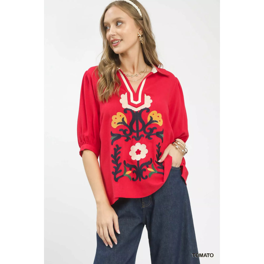 Umgee Mixed Media V-Neck Print Blouse TOMATO / S Apparel and Accessories