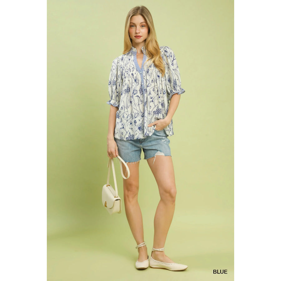 Umgee Mixed Print Button Front Top Apparel and Accessories