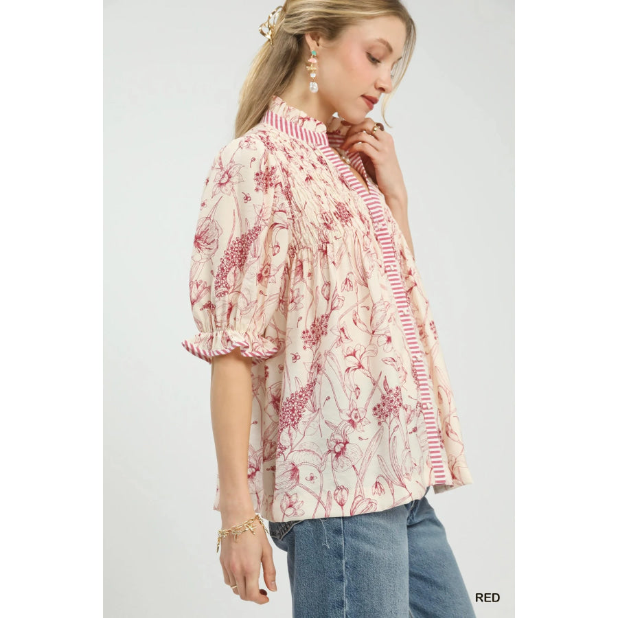 Umgee Mixed Print Button Front Top Apparel and Accessories