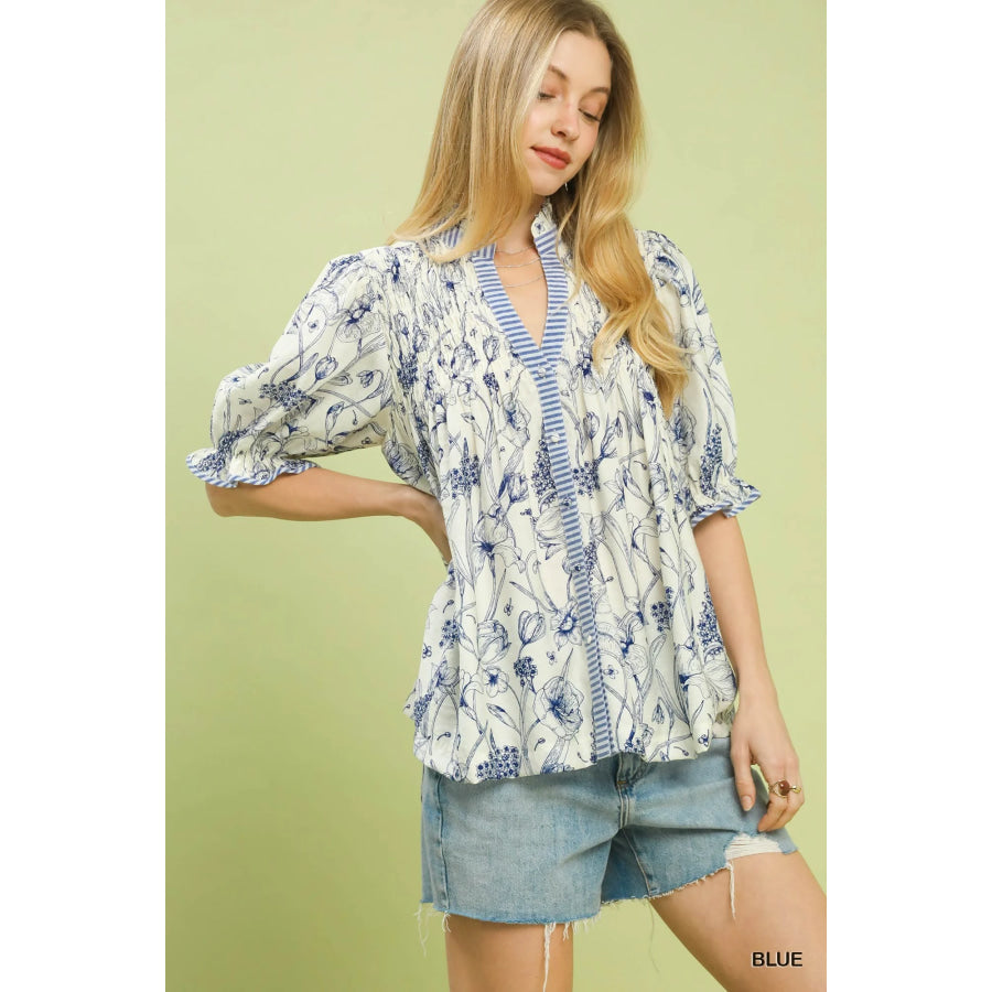 Umgee Mixed Print Button Front Top Apparel and Accessories