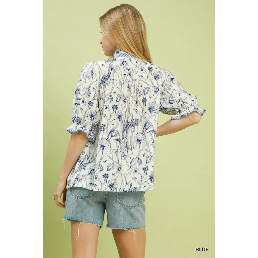 Umgee Mixed Print Button Front Top Apparel and Accessories