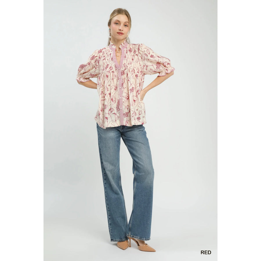 Umgee Mixed Print Button Front Top Apparel and Accessories
