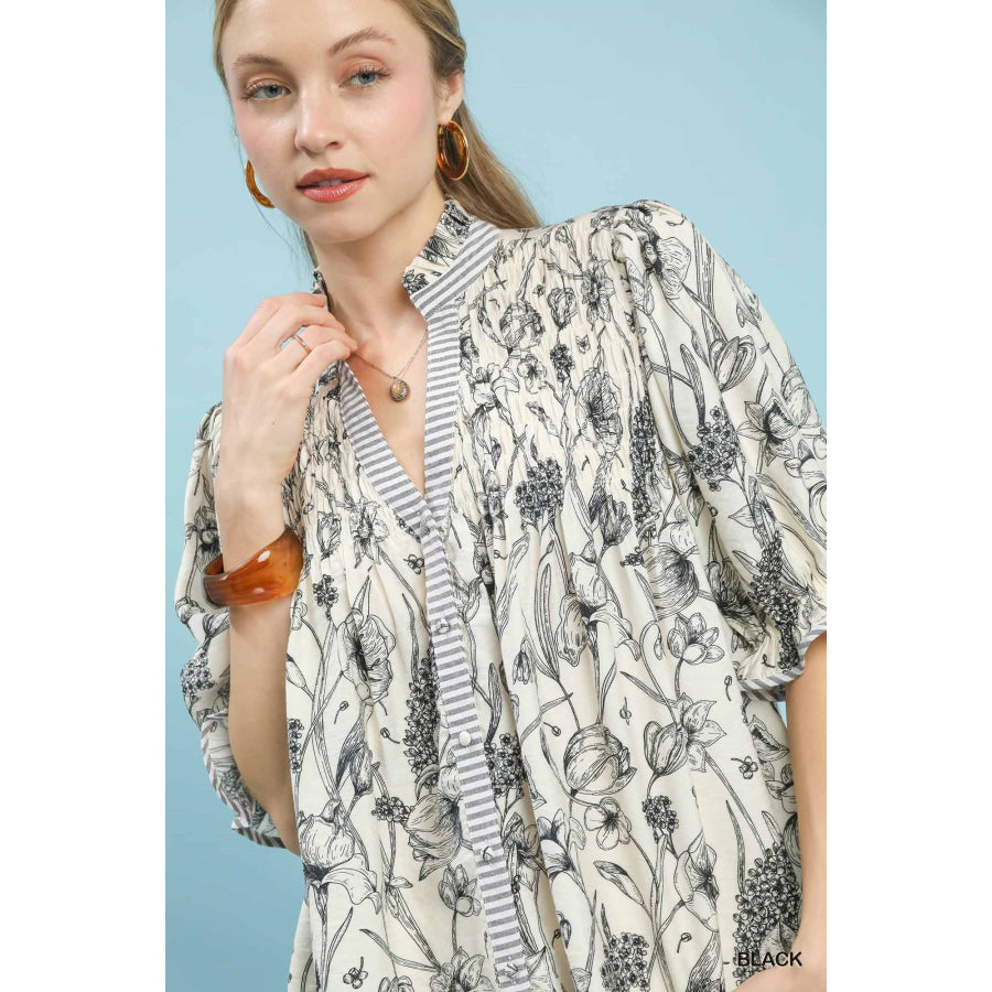 Umgee Mixed Print Button Front Top Apparel and Accessories