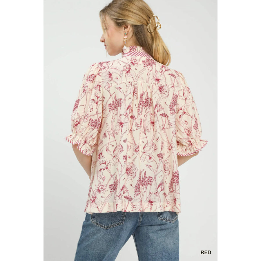 Umgee Mixed Print Button Front Top Apparel and Accessories