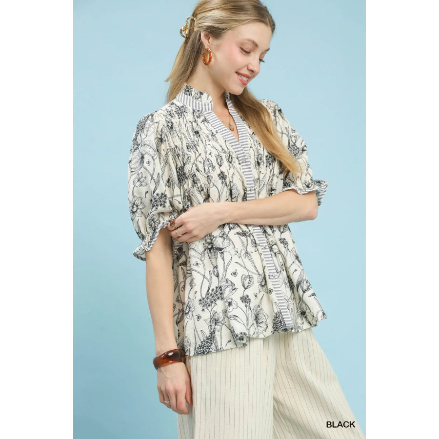 Umgee Mixed Print Button Front Top BLACK / S Apparel and Accessories