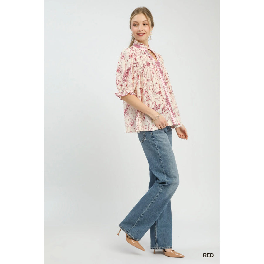 Umgee Mixed Print Button Front Top Apparel and Accessories
