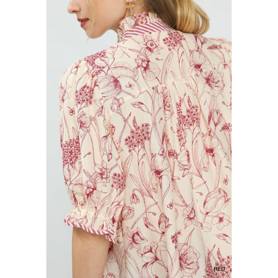 Umgee Mixed Print Button Front Top Apparel and Accessories