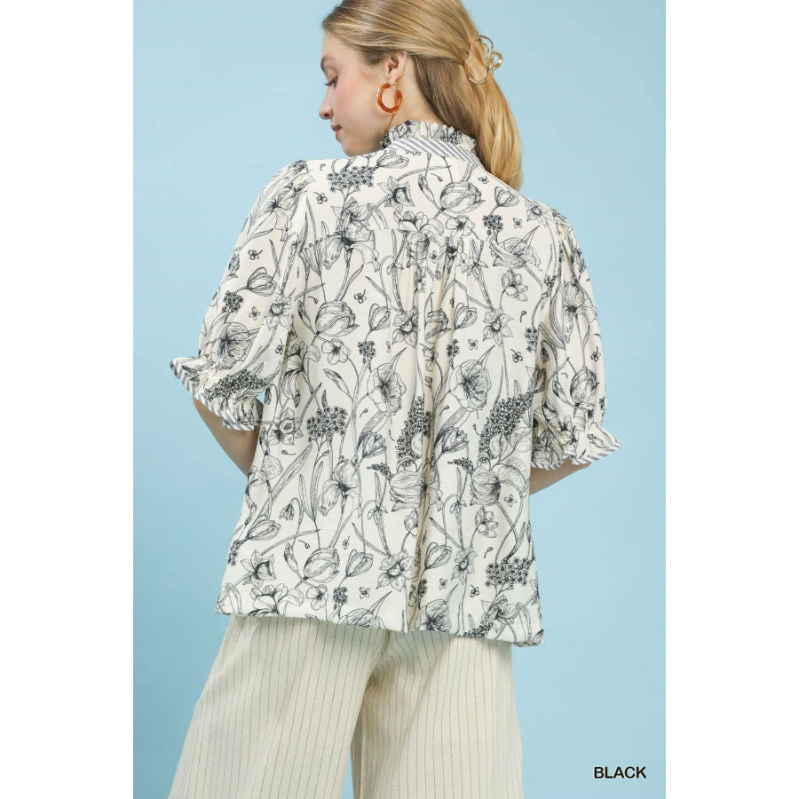 Umgee Mixed Print Button Front Top Apparel and Accessories