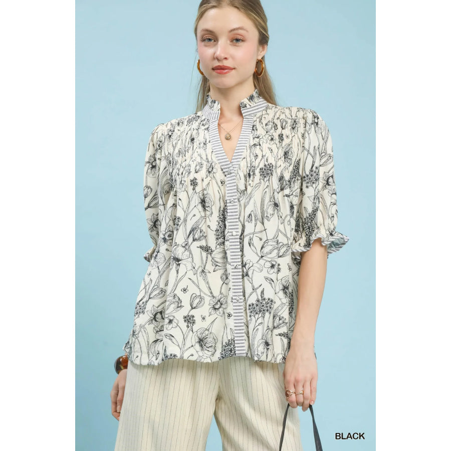 Umgee Mixed Print Button Front Top BLACK / S Apparel and Accessories