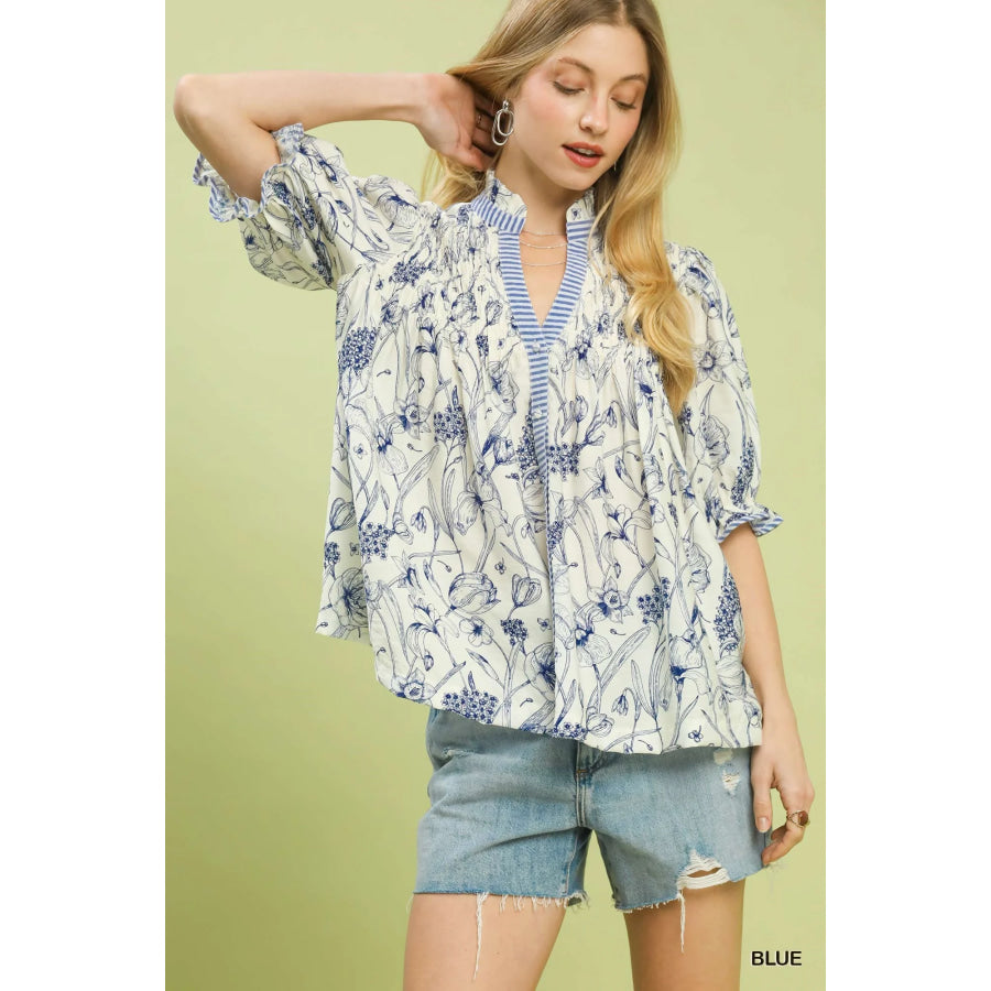 Umgee Mixed Print Button Front Top BLUE / S Apparel and Accessories