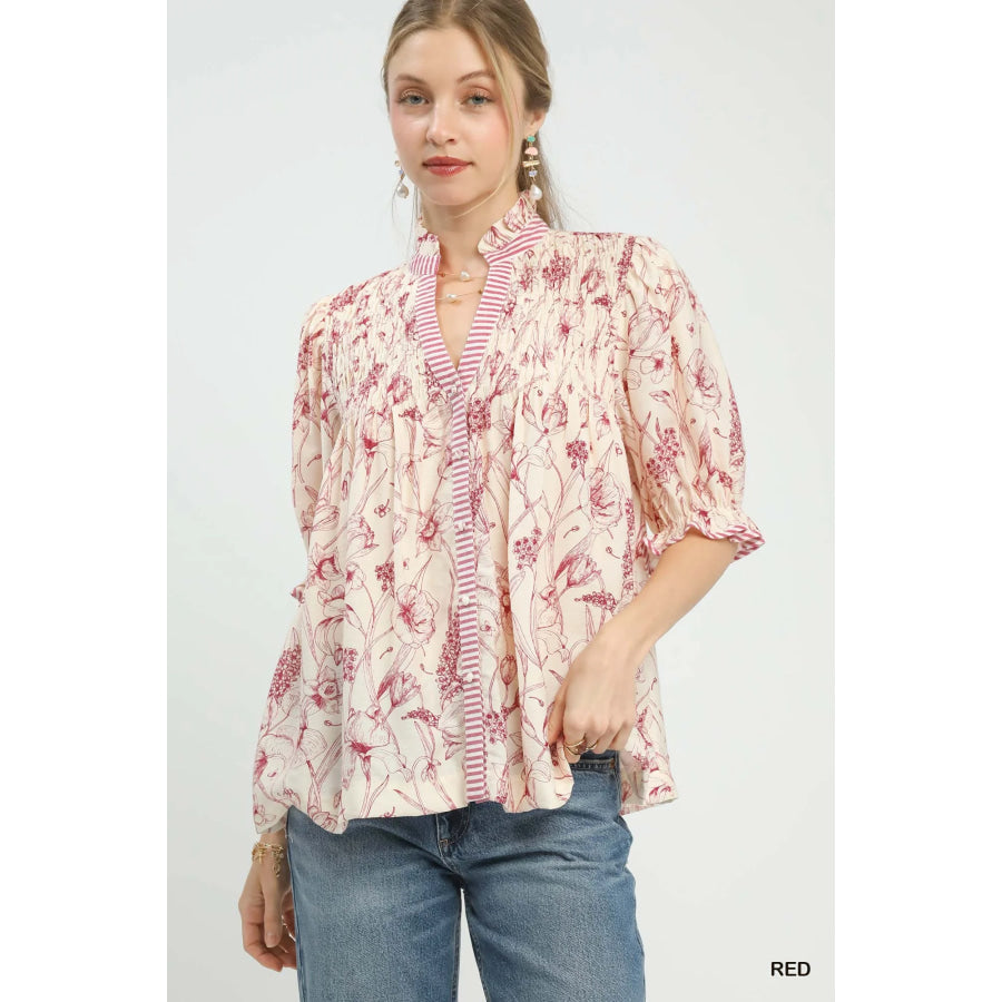 Umgee Mixed Print Button Front Top RED / S Apparel and Accessories