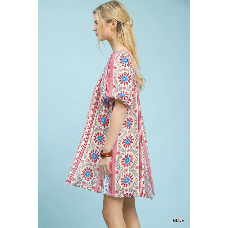 Umgee Mixed Print Puff Sleeve Mini Dress Apparel and Accessories