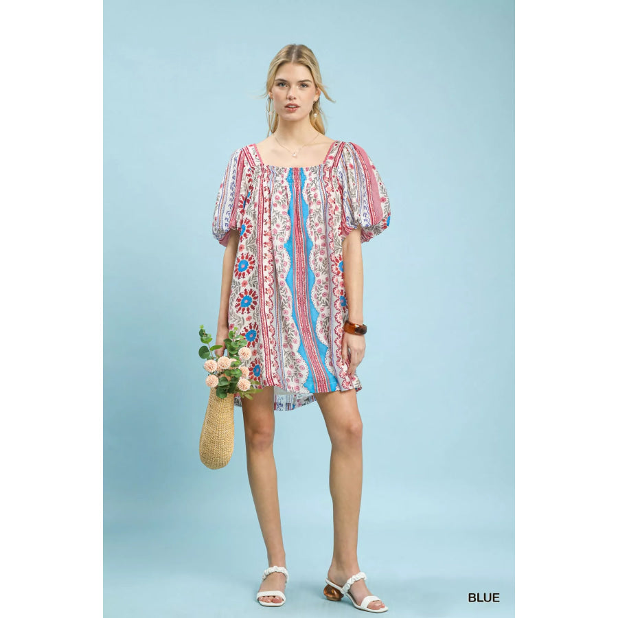 Umgee Mixed Print Puff Sleeve Mini Dress Apparel and Accessories