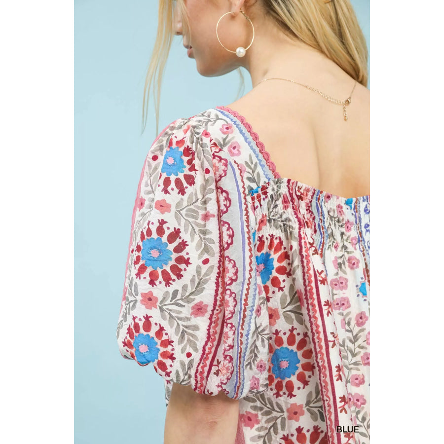 Umgee Mixed Print Puff Sleeve Mini Dress Apparel and Accessories