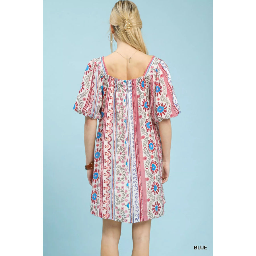 Umgee Mixed Print Puff Sleeve Mini Dress Apparel and Accessories