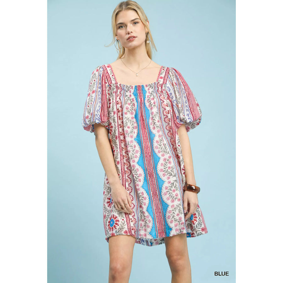 Umgee Mixed Print Puff Sleeve Mini Dress BLUE / S Apparel and Accessories