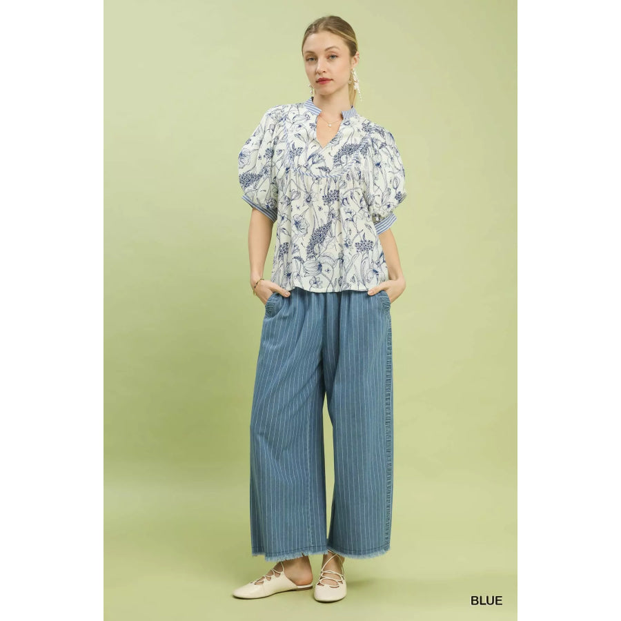 Umgee Mixed Print Puff Sleeve Split Neck Top BLUE / S Apparel and Accessories