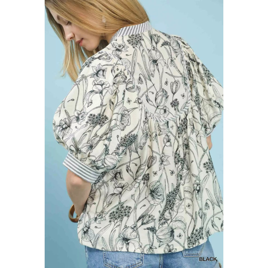 Umgee Mixed Print Puff Sleeve Split Neck Top Apparel and Accessories