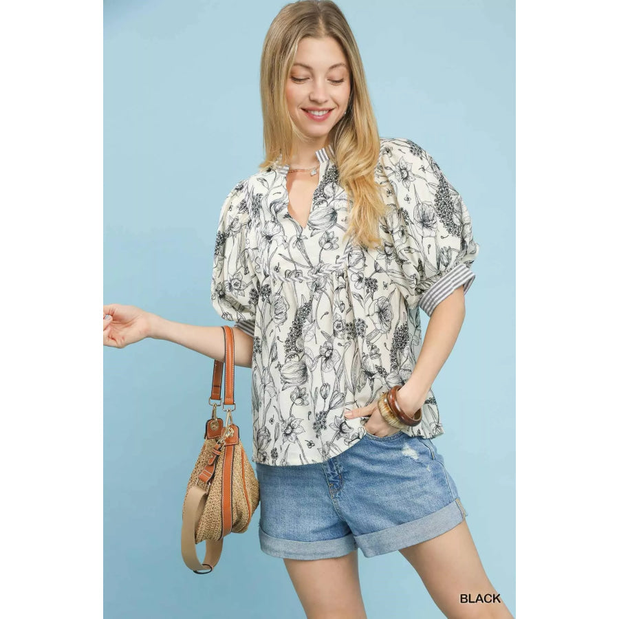 Umgee Mixed Print Puff Sleeve Split Neck Top BLACK / S Apparel and Accessories