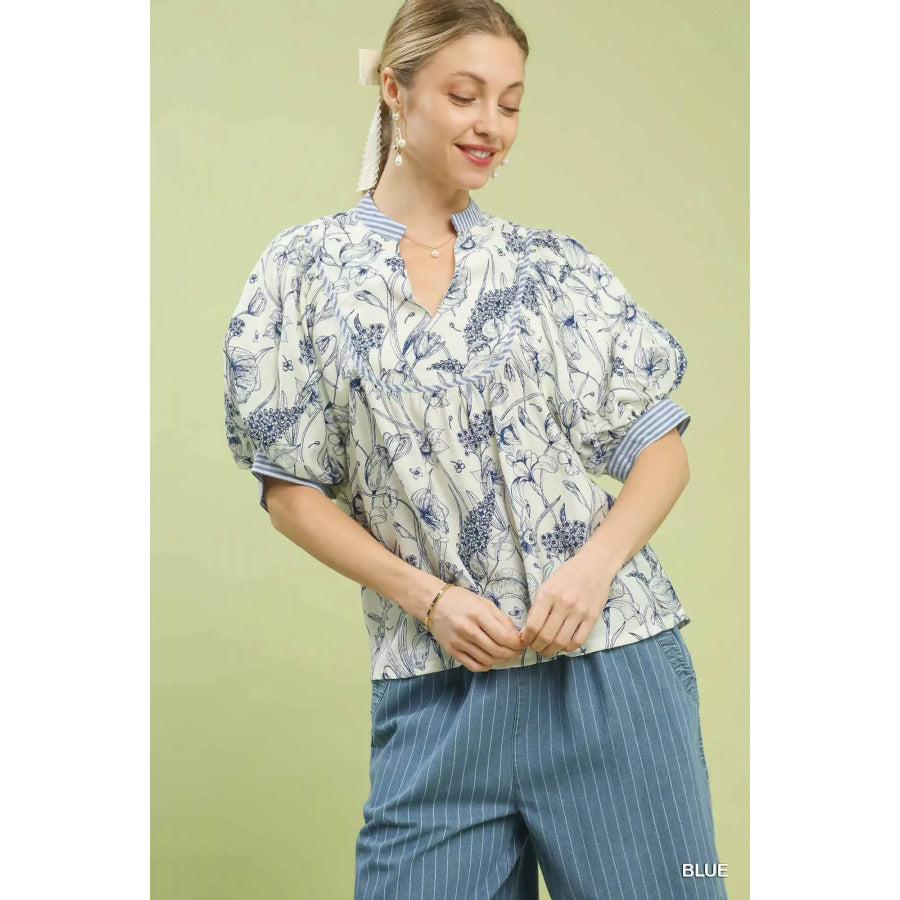 Umgee Mixed Print Puff Sleeve Split Neck Top BLUE / S Apparel and Accessories