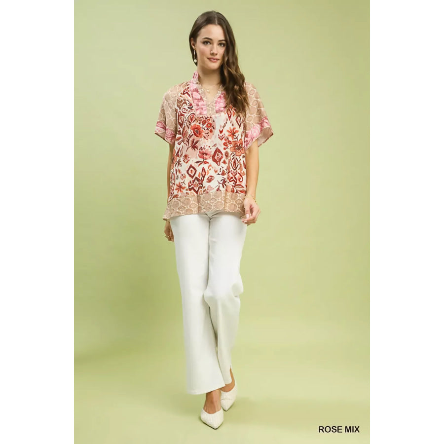 Umgee Mixed Print V-Neck Short Sleeve Top Apparel and Accessories