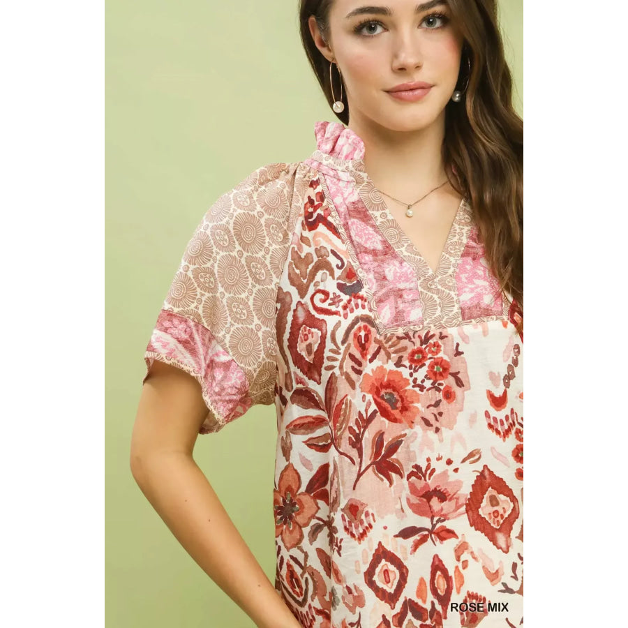 Umgee Mixed Print V-Neck Short Sleeve Top Apparel and Accessories