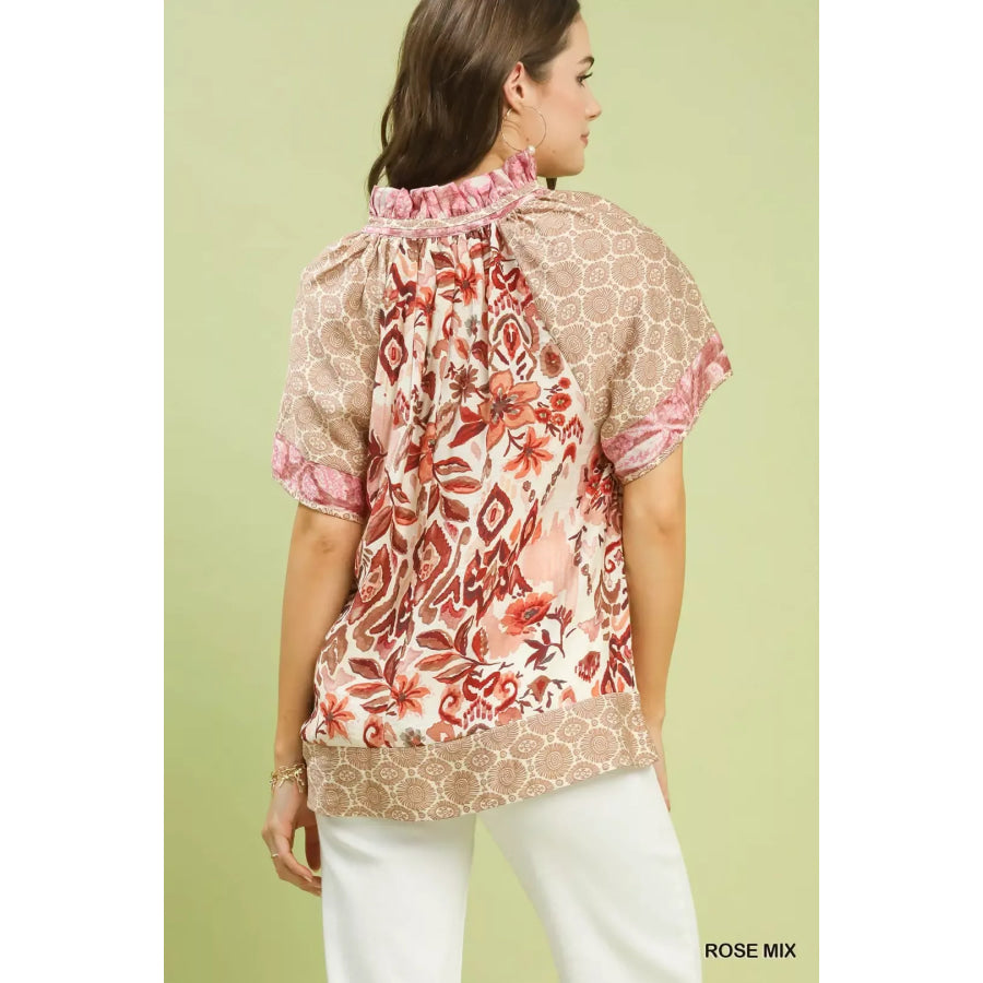 Umgee Mixed Print V-Neck Short Sleeve Top Apparel and Accessories