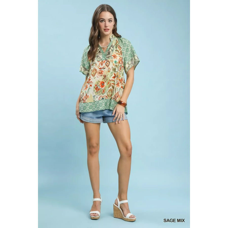 Umgee Mixed Print V-Neck Short Sleeve Top Apparel and Accessories