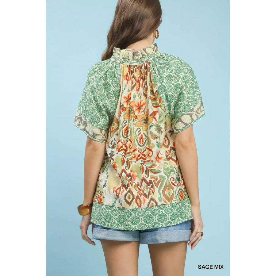 Umgee Mixed Print V-Neck Short Sleeve Top SAGE MIX / S Apparel and Accessories
