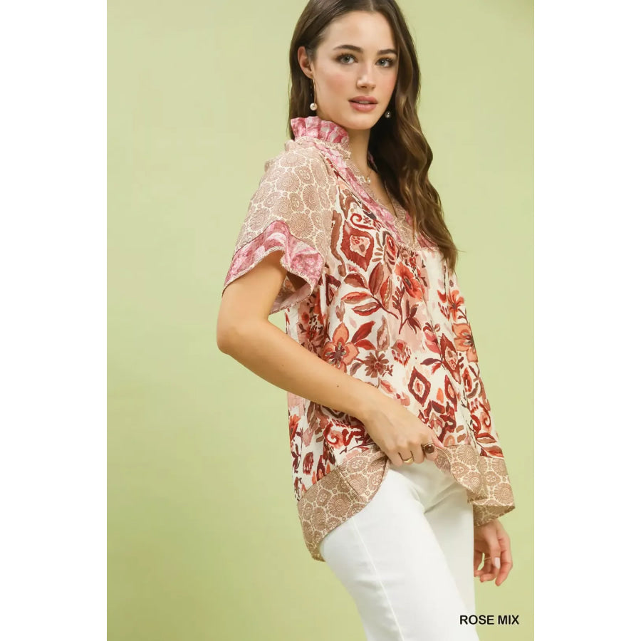 Umgee Mixed Print V-Neck Short Sleeve Top ROSE MIX / S Apparel and Accessories