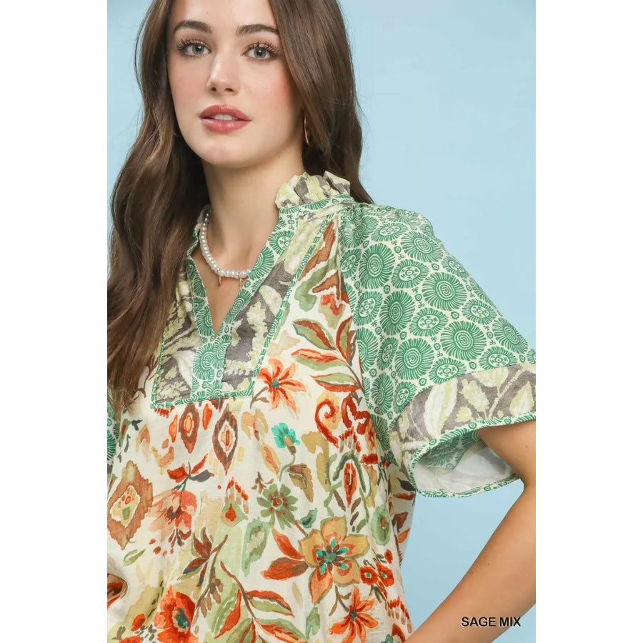 Umgee Mixed Print V-Neck Short Sleeve Top Apparel and Accessories