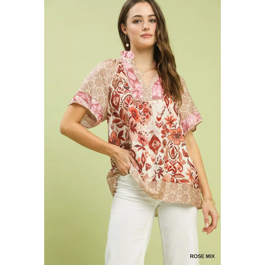 Umgee Mixed Print V-Neck Short Sleeve Top ROSE MIX / S Apparel and Accessories